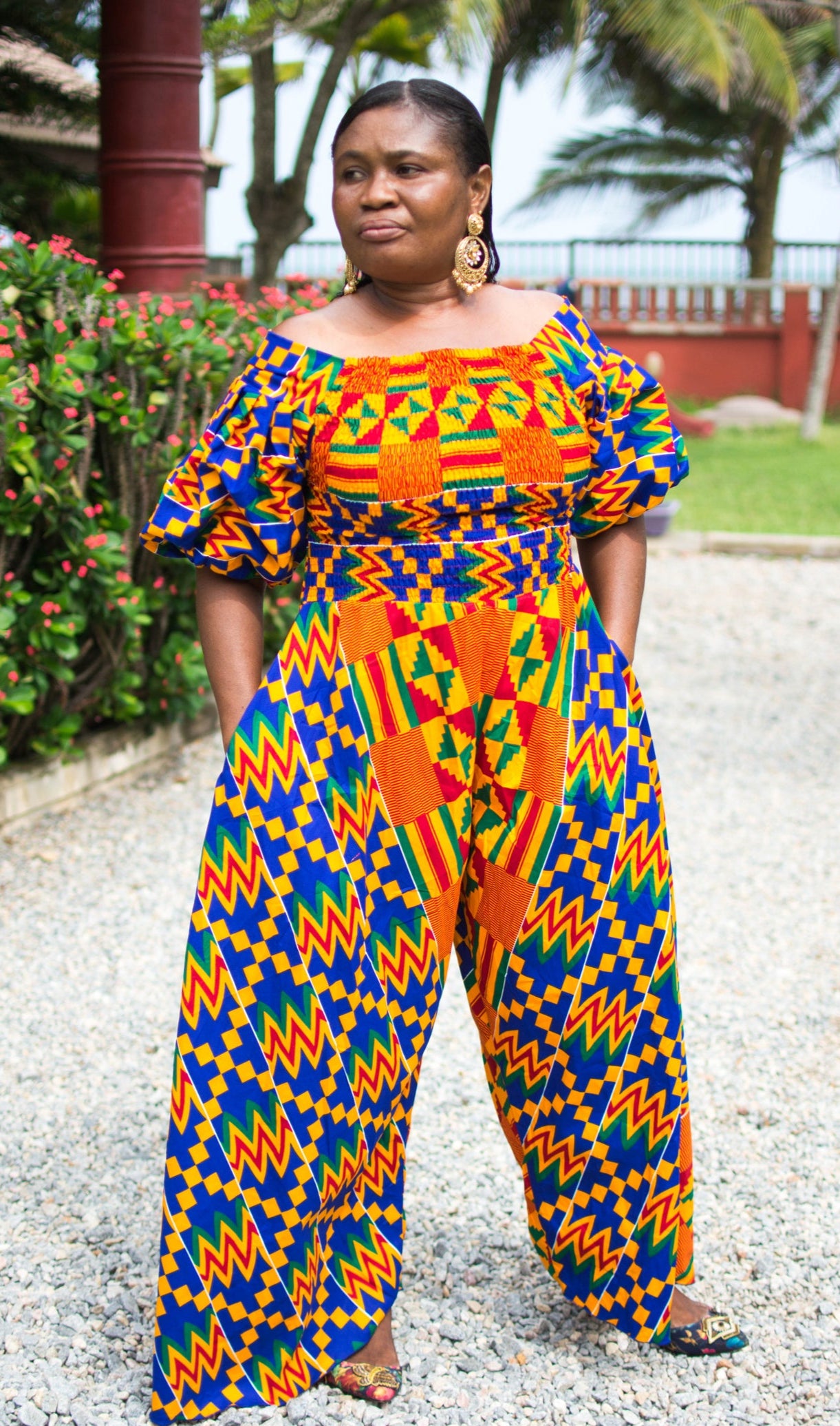 Janine Kente Print Shirred Waist Jumpsuit