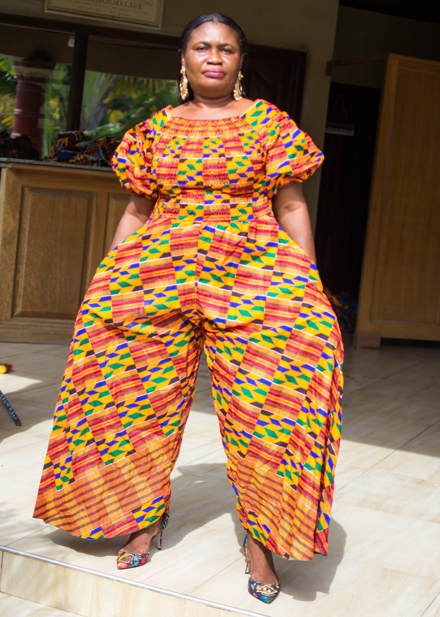 Zola Kente Print Shirred Waist Jumpsuit