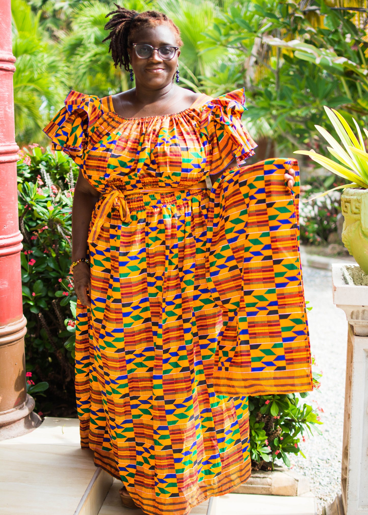 Nana Kente Print Shirred Dress & Scarf