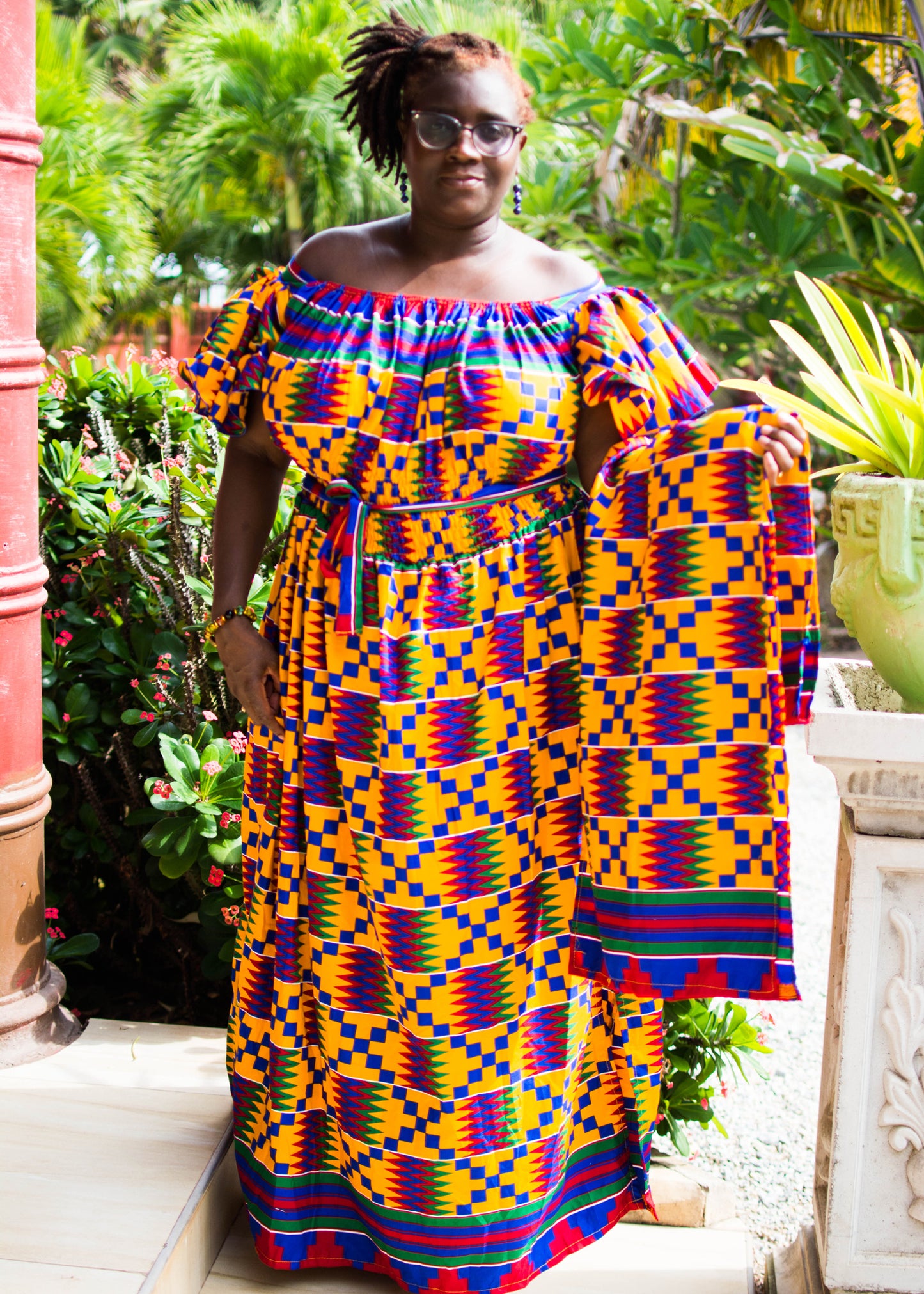 Kissi Shirred Kente Print Maxi Dress & Scarf