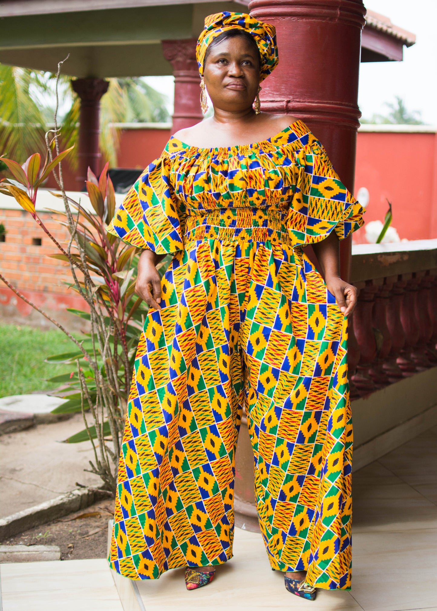 Keisha Kente Shirred Waist Jumpsuit & Scarf