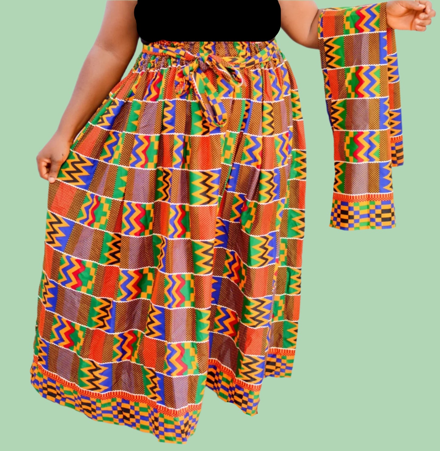 Ava Kente Print Shirred Waist Maxi Skirt & Scarf
