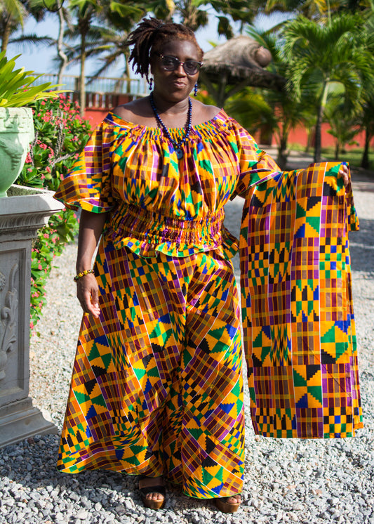 Akosua Kente Print Shirred Top Palazzo Pants & Scarf